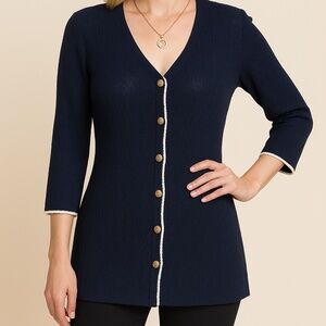 St. John Collection Navy Lacey Knit Enameled Buttons Cardigan